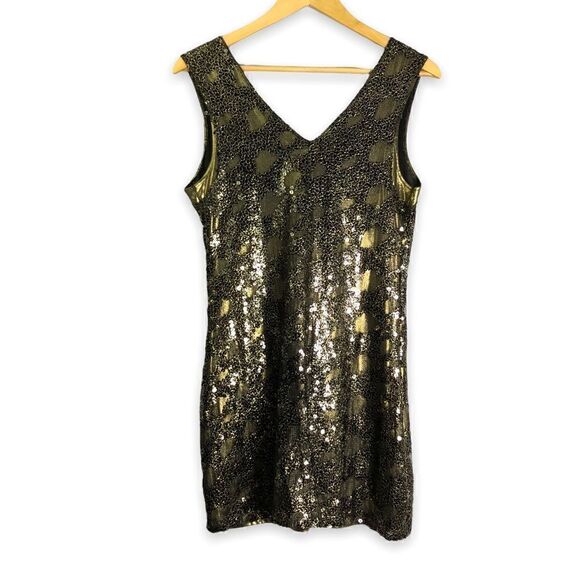 Express Fully Sequined Mini Dress Black and Gold V Neck - Picture 2 of 8